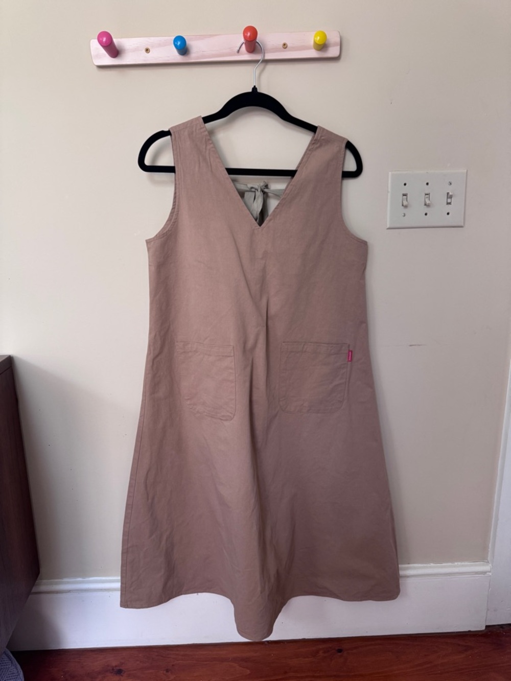 Mamamamarket Khaki Pinafore Apron Dress V-Neck Patch Pockets NWOT S/M